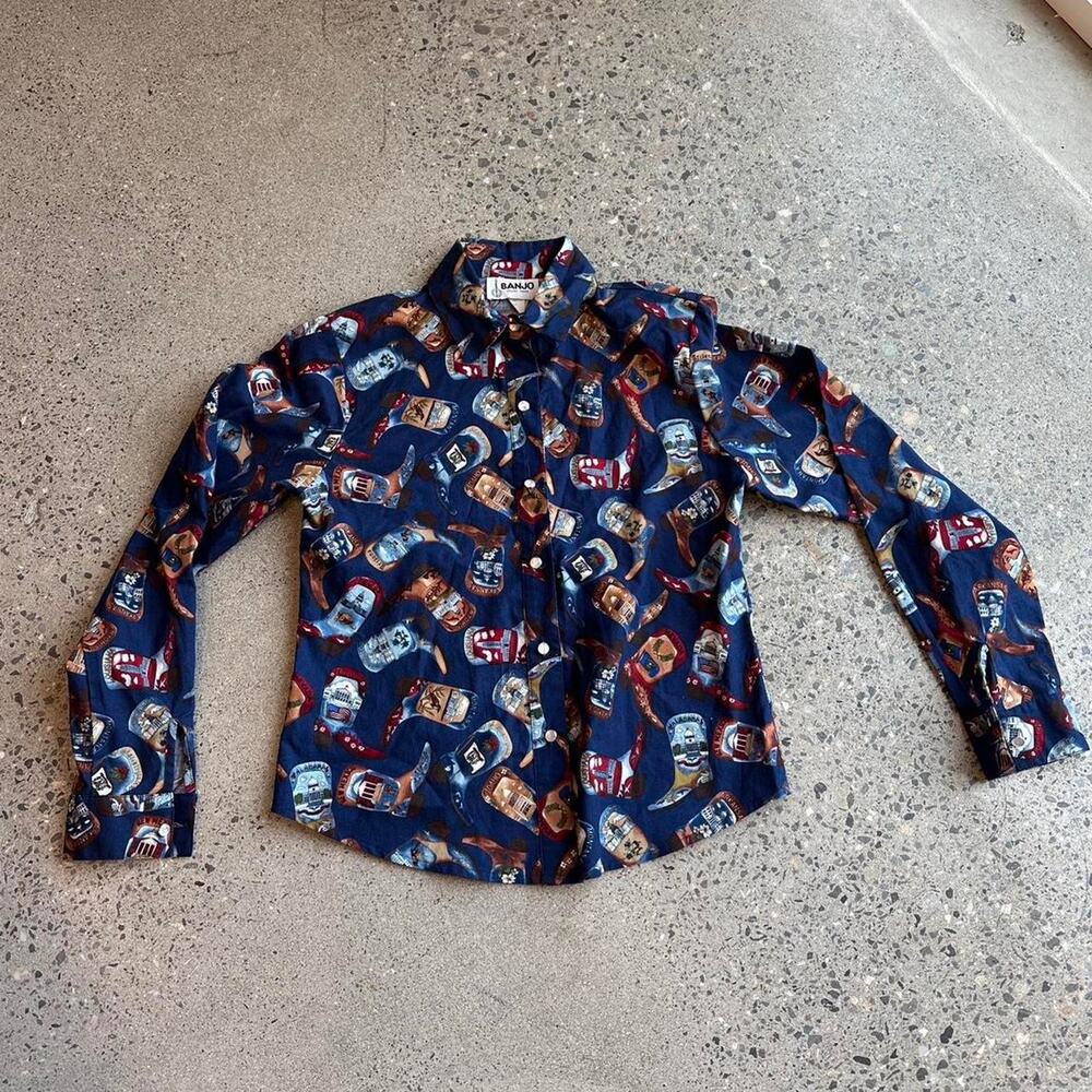 Banjo Dallas Texas Women’s Small Western Print Button Up Shirt Navy Novelty
